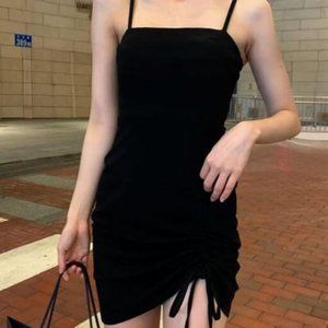 NWOT Women's Black Drawstring Crease Strap Dress